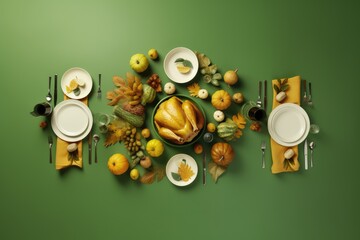 Thanksgiving dinner. Roasted turkey garnished with cranberries on a rustic style table decoraded with pumpkins, vegetables and candles. Top view with copy s. Created with generative ai. 