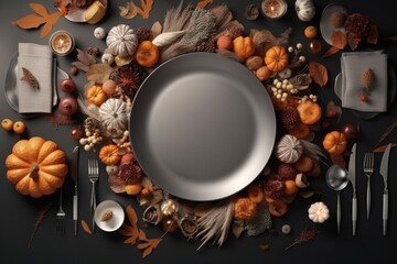 Fototapeta na wymiar Thanksgiving dinner. Roasted turkey garnished with cranberries on a silver table decoraded with pumpkins, vegetables and candles. Top view with copy s. Created with generative ai. 