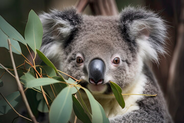Obraz premium close-up of a young koala bear (Phascolarctos cinereus) on a tree eating eucalypt leaves