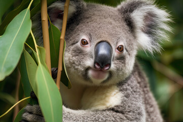 Obraz premium close-up of a young koala bear (Phascolarctos cinereus) on a tree eating eucalypt leaves
