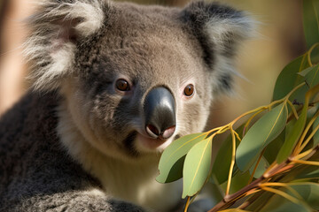 Fototapeta premium close-up of a young koala bear (Phascolarctos cinereus) on a tree eating eucalypt leaves