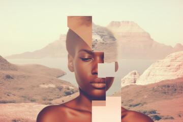 Digital collage of diverse people, afro portrait. generative ai.