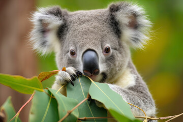 Fototapeta premium close-up of a young koala bear (Phascolarctos cinereus) on a tree eating eucalypt leaves