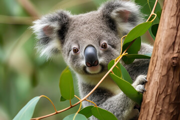 close-up of a young koala bear (Phascolarctos cinereus) on a tree eating eucalypt leaves