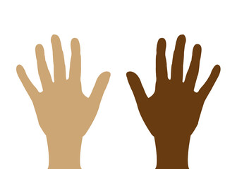 Hands illustration. Hand of a white person and the hand of an African American. Arms, palms, fingers. European and Negroid race. Diversity. Two hands isolated on white background. Global equality