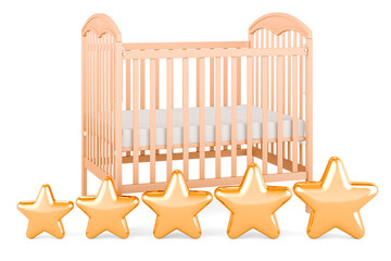 Baby crib, infant bed with five golden stars. 3D rendering