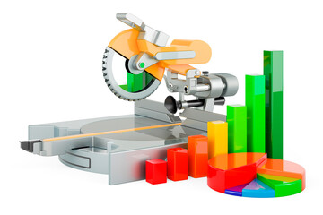 Table circular saw with growth bar graph and pie chart, 3D rendering