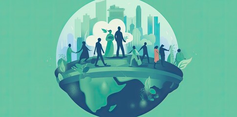 people with a globe, in the style of environmental awareness, flat illustrations, light sky-blue and dark green. Generative AI