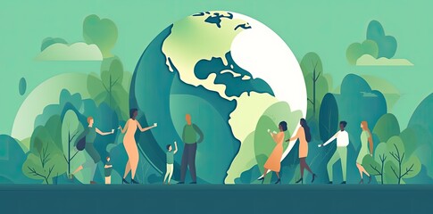 people with a globe, in the style of environmental awareness, flat illustrations, light sky-blue and dark green. Generative AI