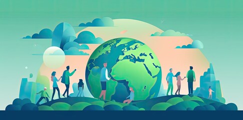 people with a globe, in the style of environmental awareness, flat illustrations, light sky-blue and dark green. Generative AI