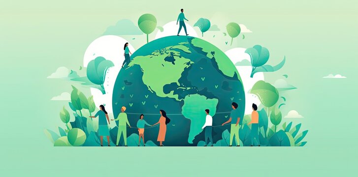 people with a globe, in the style of environmental awareness, flat illustrations, light sky-blue and dark green. Generative AI