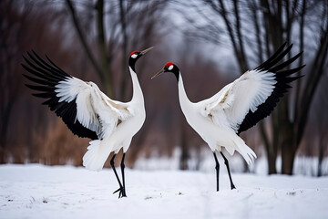 Dancing Cranes. The ritual marriage dance of cranes. The red-crowned crane. Scientific name: Grus japonensis, also called the Japanese crane or Manchurian crane. natural habitat. Japan