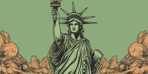 Obraz premium 4th of July United States Statue of Liberty background. United States of America Independence Day design template for banner, invitation, flyer, art nouveau style Generative ai