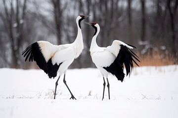 Obraz premium Dancing Cranes. The ritual marriage dance of cranes. The red-crowned crane. Scientific name: Grus japonensis, also called the Japanese crane or Manchurian crane. natural habitat. Japan