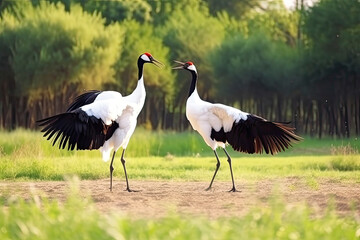Obraz premium Dancing Cranes. The ritual marriage dance of cranes. The red-crowned crane. Scientific name: Grus japonensis, also called the Japanese crane or Manchurian crane. natural habitat. Japan