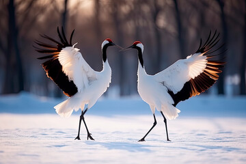 Obraz premium Dancing Cranes. The ritual marriage dance of cranes. The red-crowned crane. Scientific name: Grus japonensis, also called the Japanese crane or Manchurian crane. natural habitat. Japan