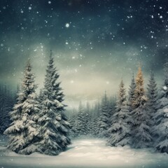 Fototapeta na wymiar Winter landscape with snow and fir trees under a crystal clear sky as vintage christmas wallpaper