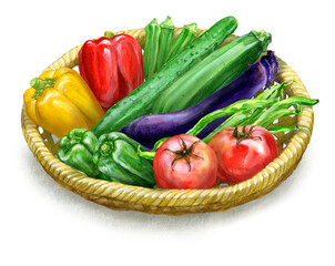 An image of various summer vegetables in a bamboo sieve, digitally generated from some watercolor paintings