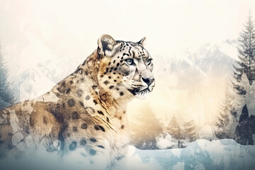 Double exposure of snow Leopard and frozen forest with snowfall and sunny mountains behind