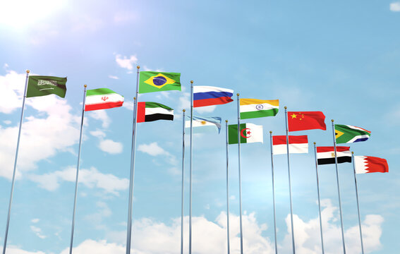  Flags of BRICS and Applicant Countries, Including Brazil, Russia, India, China, South Africa, Iran, Turkey, and More"