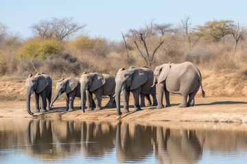 Fototapeta premium Elephant herd walking on dam wall with some already drinking water down below female