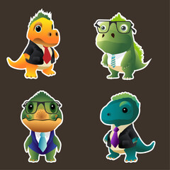A set of four cartoon dinosaurs dressed in business attire