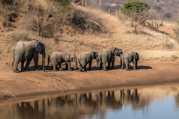 Fototapeta premium Elephant herd walking on dam wall with some already drinking water down below female