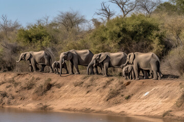 Fototapeta premium Elephant herd walking on dam wall with some already drinking water down below female