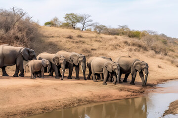 Elephant herd walking on dam wall with some already drinking water down below female