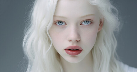 Beauty image of an albino girl posing in studio. Concept about body positivity, diversity, and fashion, beautiful portrait of a blond girl - obrazy, fototapety, plakaty