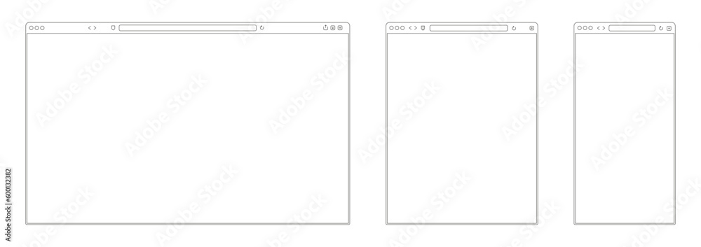 Poster line browser mockup. web page frame for mobile tablet and desktop computer screens. different device