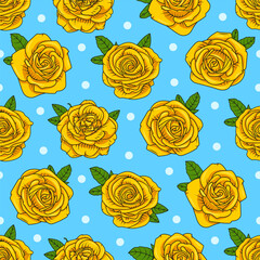 Bright beautiful yellow hand drawn roses on a blue with dots background seamless pattern.