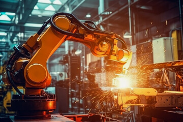 A realistic illustration of an orange robot arm in a high tech company specialized in welding various components, Generative AI