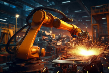A realistic illustration of a robot arm in a high tech company specialized in welding various components, Generative AI