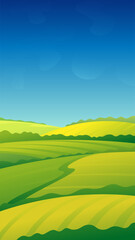 Beautiful rural landscape. Green meadows on a sunny day on blue sky background. Vertical vector illustration for banner, packaging.