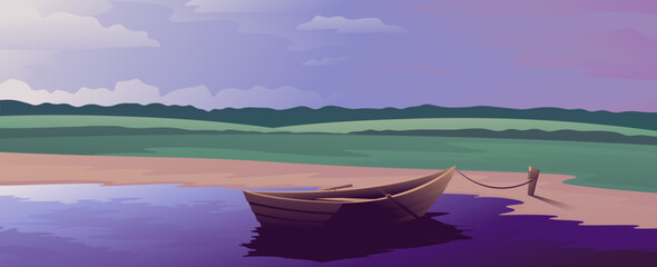 Fishing boat stands on the shore on green field background. - obrazy, fototapety, plakaty
