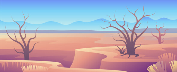 Dry desert hot landscape. Dead trees in canyon on mountains background.