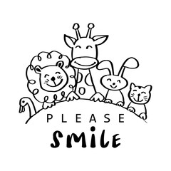 Please smile, hand lettering with cute animals. Poster concept.