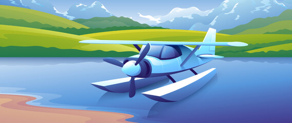 Beautiful blue hydroplane floats on the water on the island and the majestic mountains background.