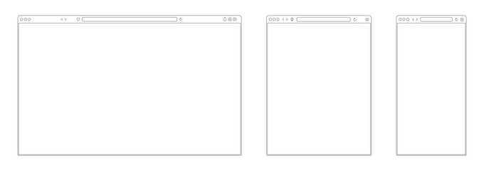 Line browser mockup. Web page frame for mobile tablet and desktop computer screens. Different devices internet browser interface mockup. Vector simple site layout set. Templates for various gadgets