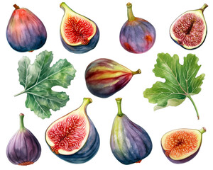 Watercolor painting of a Fig fruit set isolated on white background. Cut out PNG illustration on transparent background. AI Generative. - obrazy, fototapety, plakaty