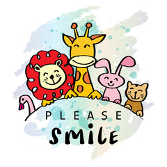 Please smile, hand lettering with cute animals. Poster concept.