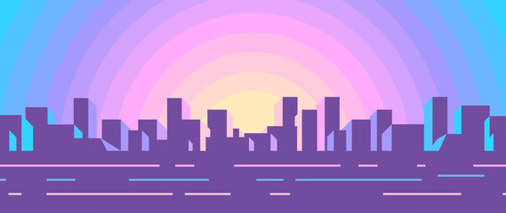 Creative abstract city in evening on sunset background. Bright flat horizontal illustration of the urban environment.