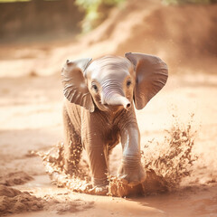 A baby elephant playing in the mud, Generative AI 