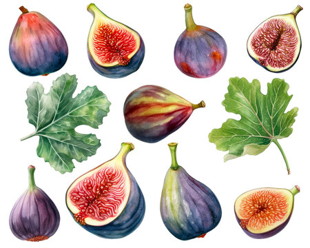 Watercolor painting of a Fig fruit set isolated on white background. Cut out PNG illustration on transparent background. AI Generative.