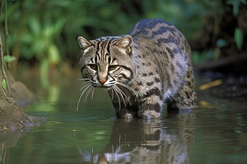 Naklejka na ściany i meble Fishing Cat, prionailurus viverrinus, Adult standing in Water, Fishing, with Fish in Mouth