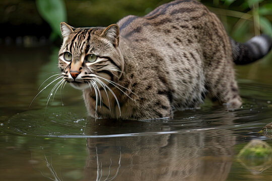 Fishing Cat, prionailurus viverrinus, Adult standing in Water, Fishing, with Fish in Mouth