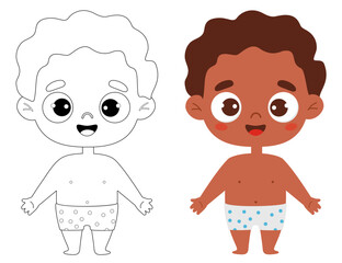 Cute cartoon black ethnic kid boy in shorts. Outline drawing coloring book and color drawing. Vector illustration. Childrens collection. Isolated funny kids on white background.