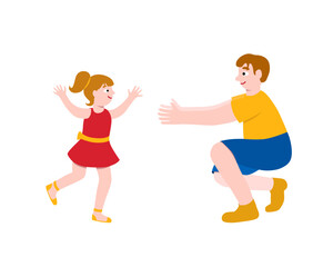 Fototapeta na wymiar Happy fathers day card. Cute girl runs to her father. Father hugs his daughter. Vector illustration in cartoon flat style. Take care fatherhood