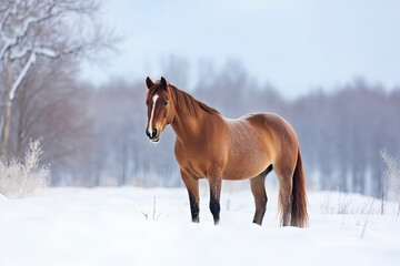 Horse in a snow on winter background.